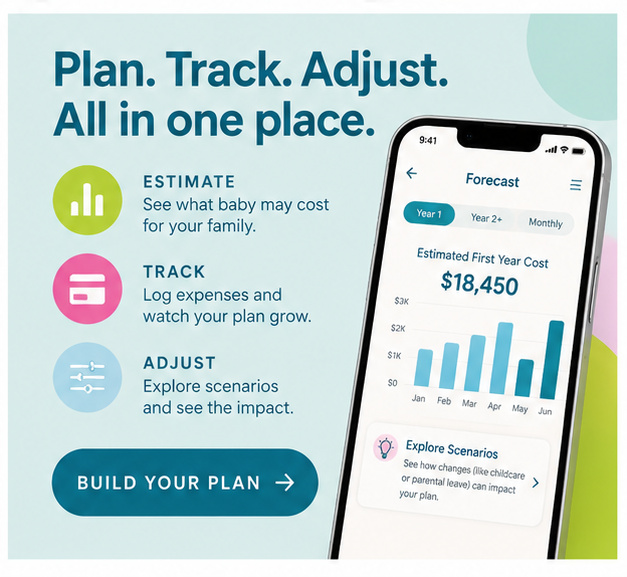 BabyCents app screens for planning, tracking, and adjusting baby costs